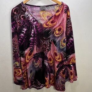 Jostar USA Boho Unique Peacock Stretchy Long Bell Sleeve Colorful Tunic Size XL